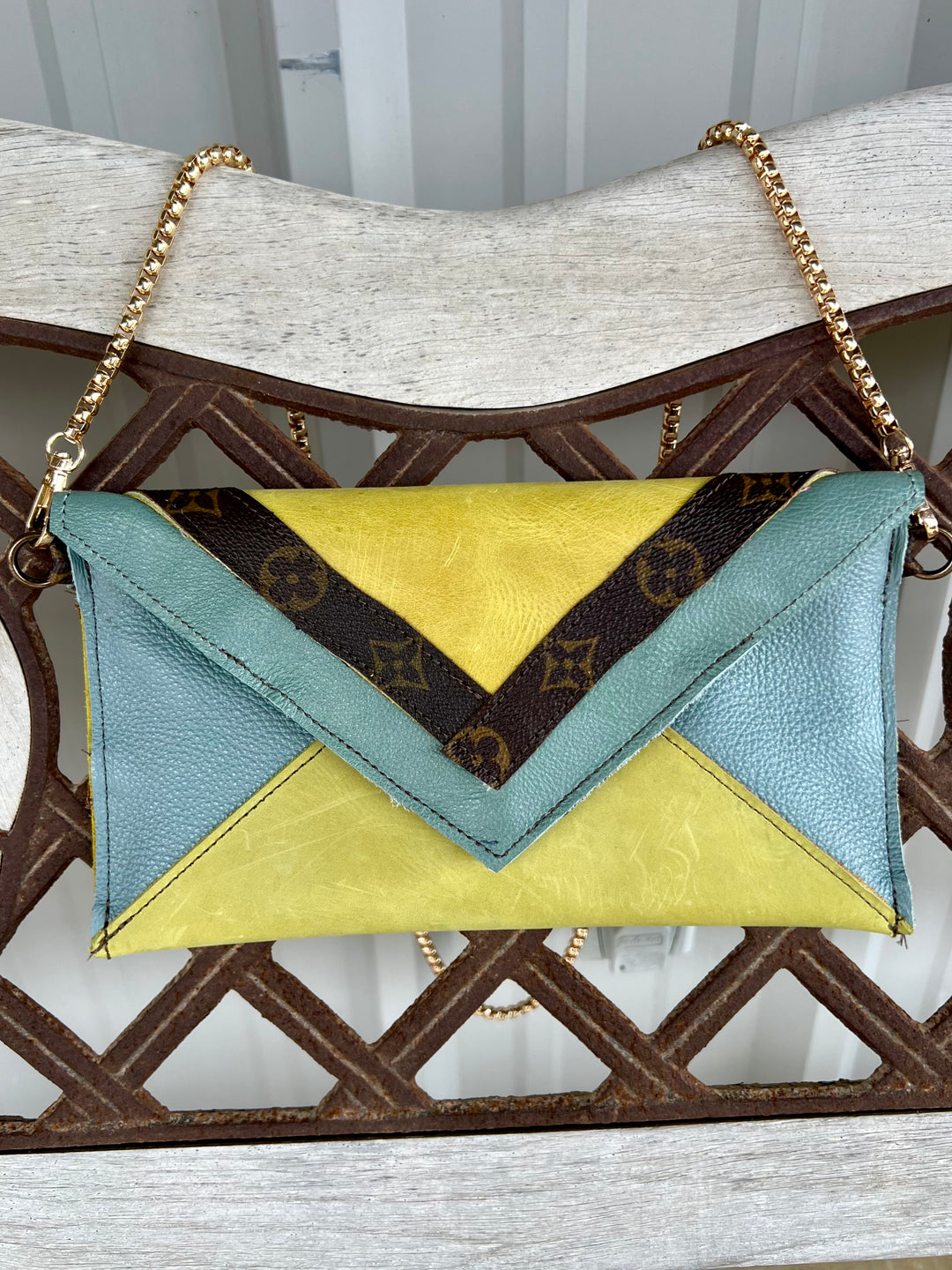 Genuine Leather Fold Over Neon Green And Blue Crossbody