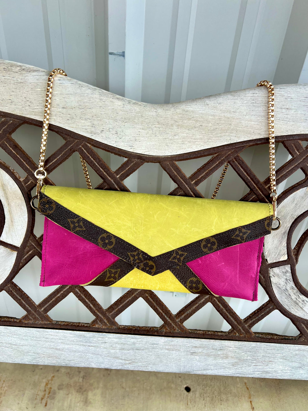 Genuine Leather Fold Over Neon Green And Hot Pink Purse