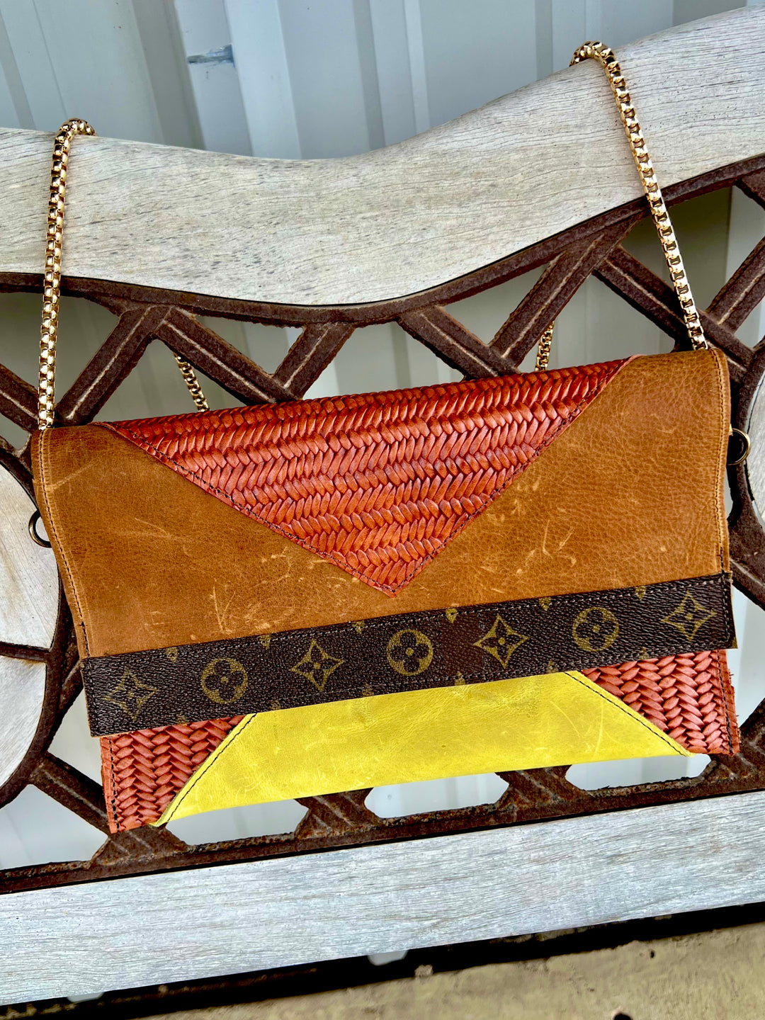 Genuine Leather Fold Over Camel And Neon Green Crossbody