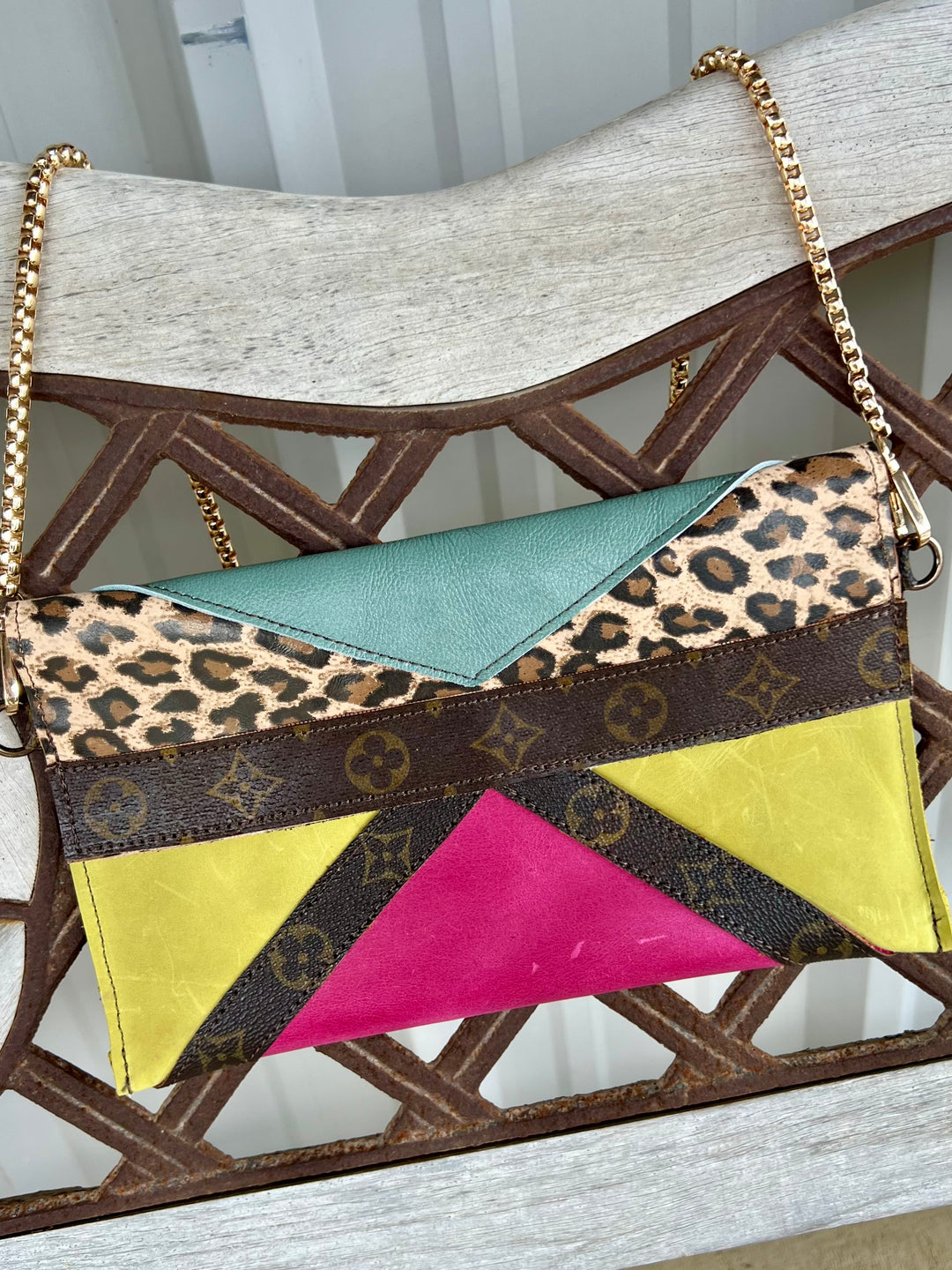 Genuine Leather Fold Over Leopard And Neon Crossbody