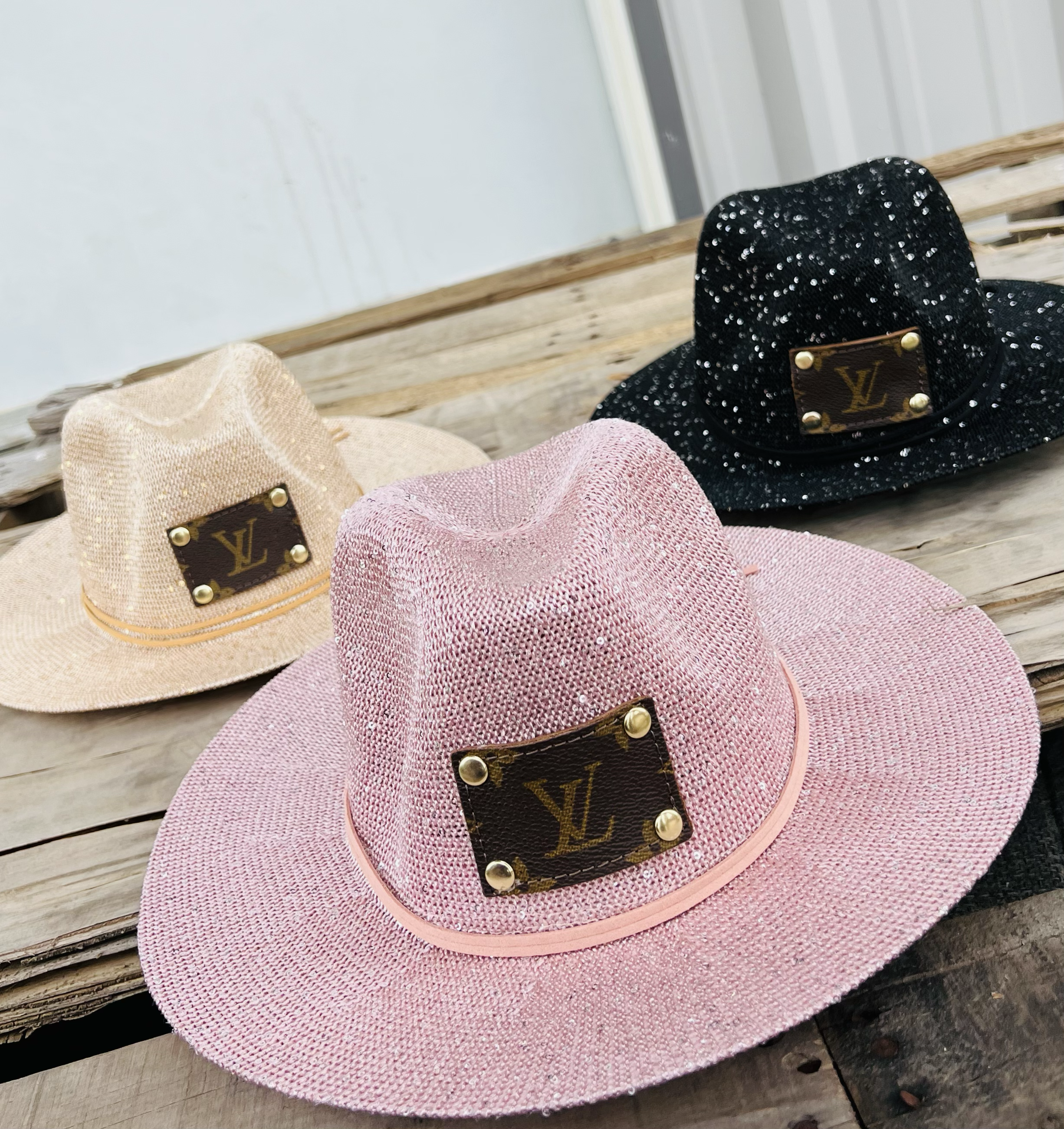 Upcycled Pink Bucket Hat with LV Logo Anagails Upcycled Louis Vuitton Patch Pink Beads & Beaches  main image 2