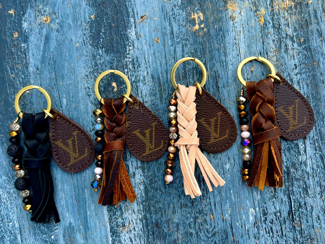 Upcycled LV Genuine Leather Braided Tassel Beaded Keychain