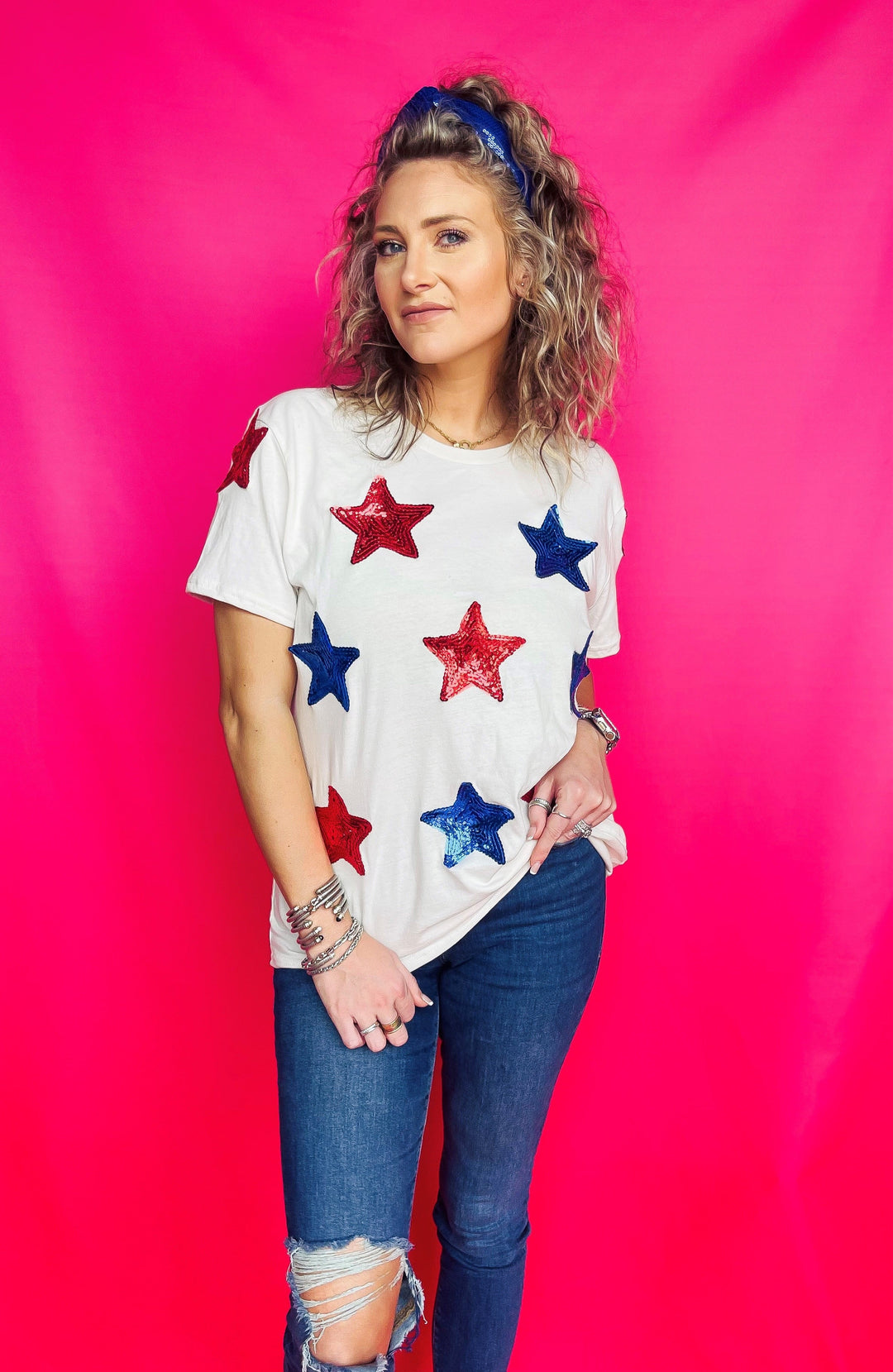 Beyond Shimmer vintage white Sequins Star Tee