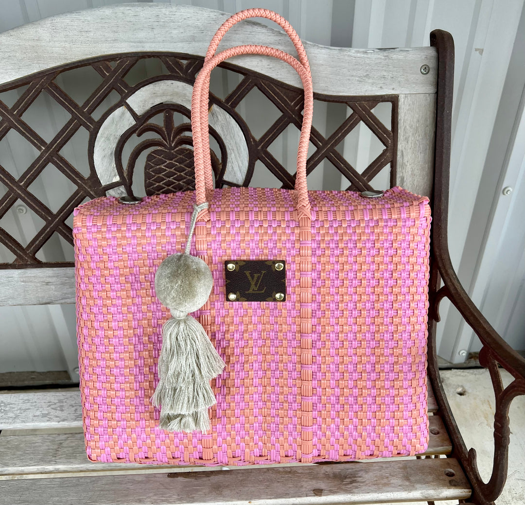 Pink Woven top closure Tote Bag