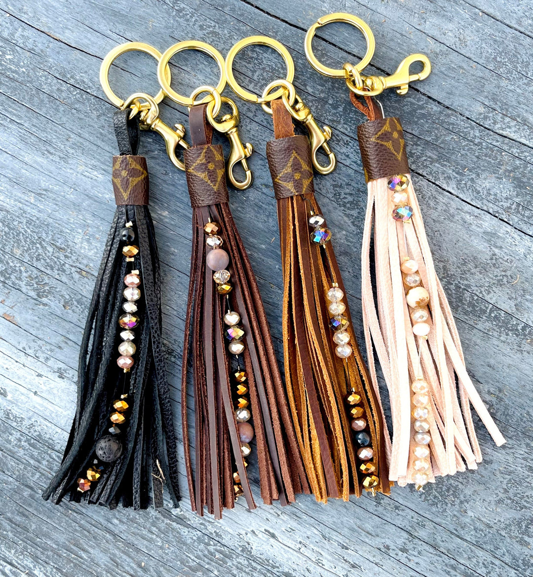 Upcycled Genuine Leather Beaded LV Keychain/Purse Tassel