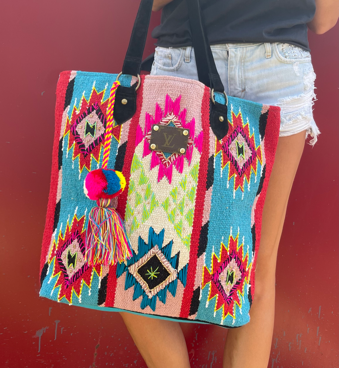 Upcycled LV All the Colors Black Handle Tassle Tote Bag