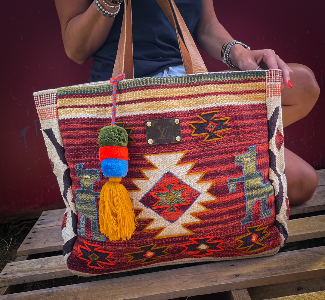 Upcycled LV Neutral Aztec Hand Woven Tote Bag