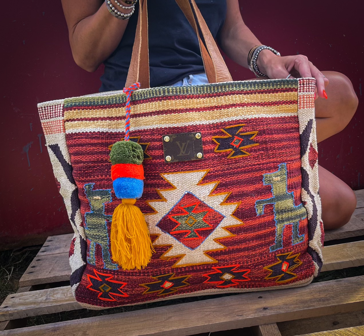 Upcycled LV Neutral Aztec Hand Woven Tote Bag