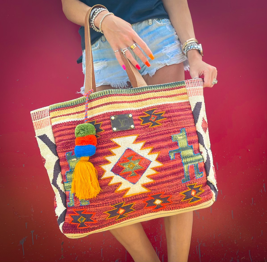 Upcycled LV Neutral Aztec Hand Woven Tote Bag