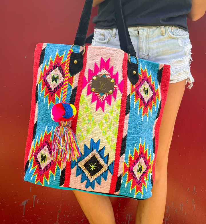 Upcycled LV All the Colors Black Handle Tassle Tote Bag