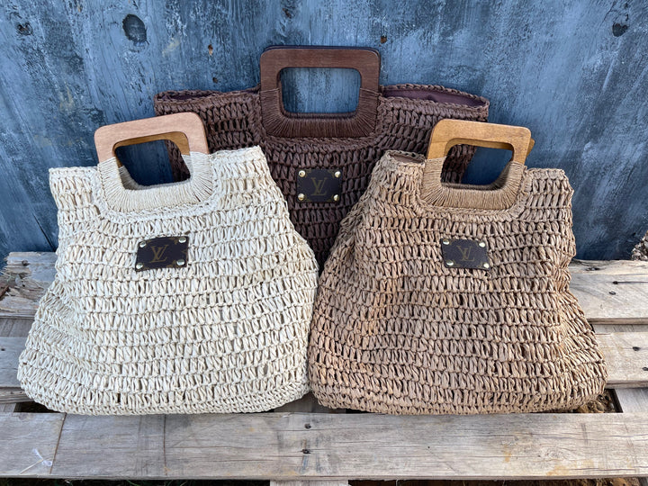 Upcycled LV Expandable Straw Aruba Beach Bag