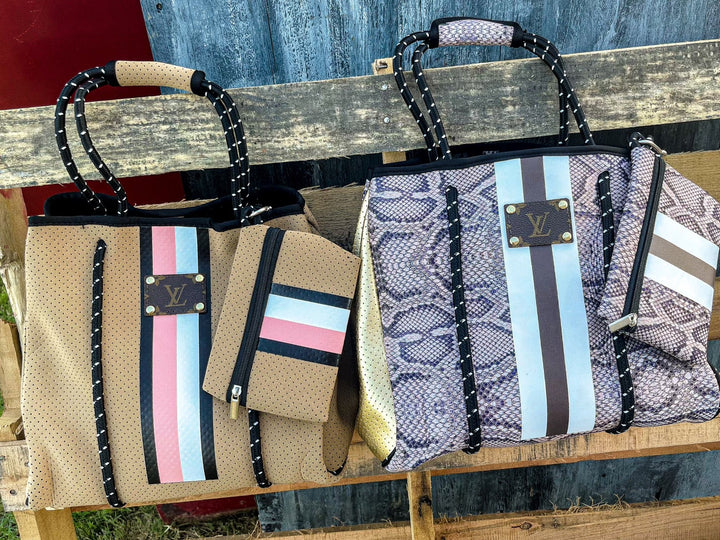 Upcycled LV Stripe Waterproof Tote & Wristlet