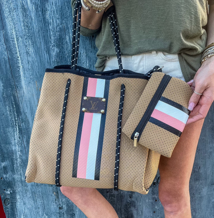 Upcycled LV Stripe Waterproof Tote & Wristlet