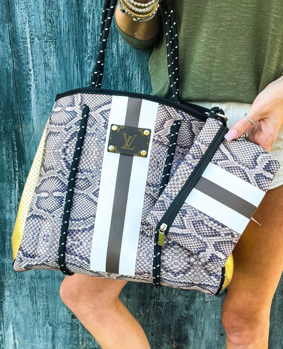 Upcycled LV Stripe Waterproof Tote & Wristlet