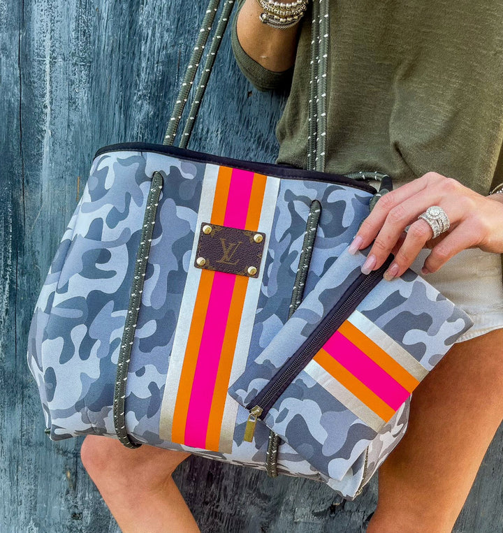 Upcycled LV Stripe Waterproof Tote & Wristlet
