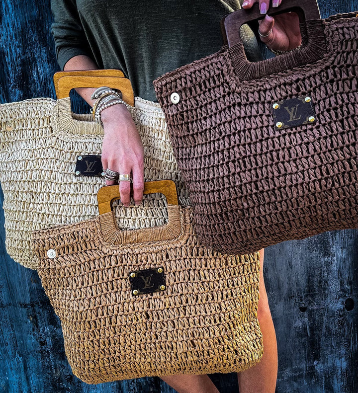 Upcycled LV Expandable Straw Aruba Beach Bag